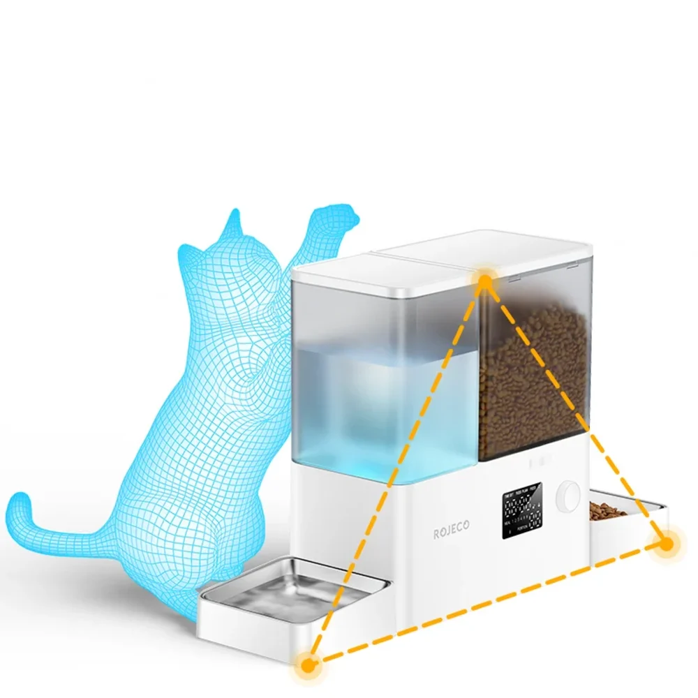 Illustration capteur infrarouge chat wireframe bleu devant distributeur Rojeco croquettes eau inox