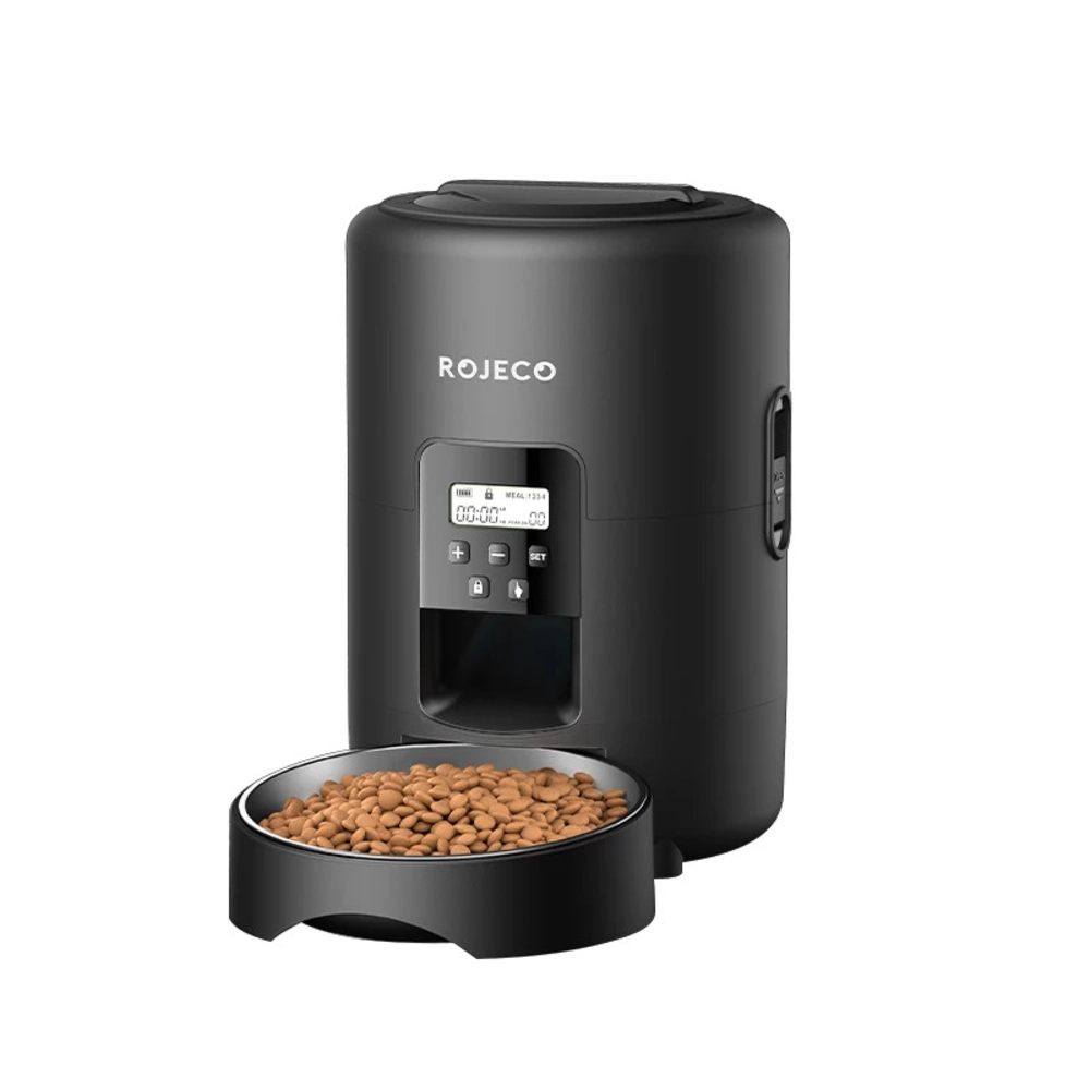 Distributeur croquette Rojeco noir compact avec écran LCD et gamelle inox remplie de croquettes