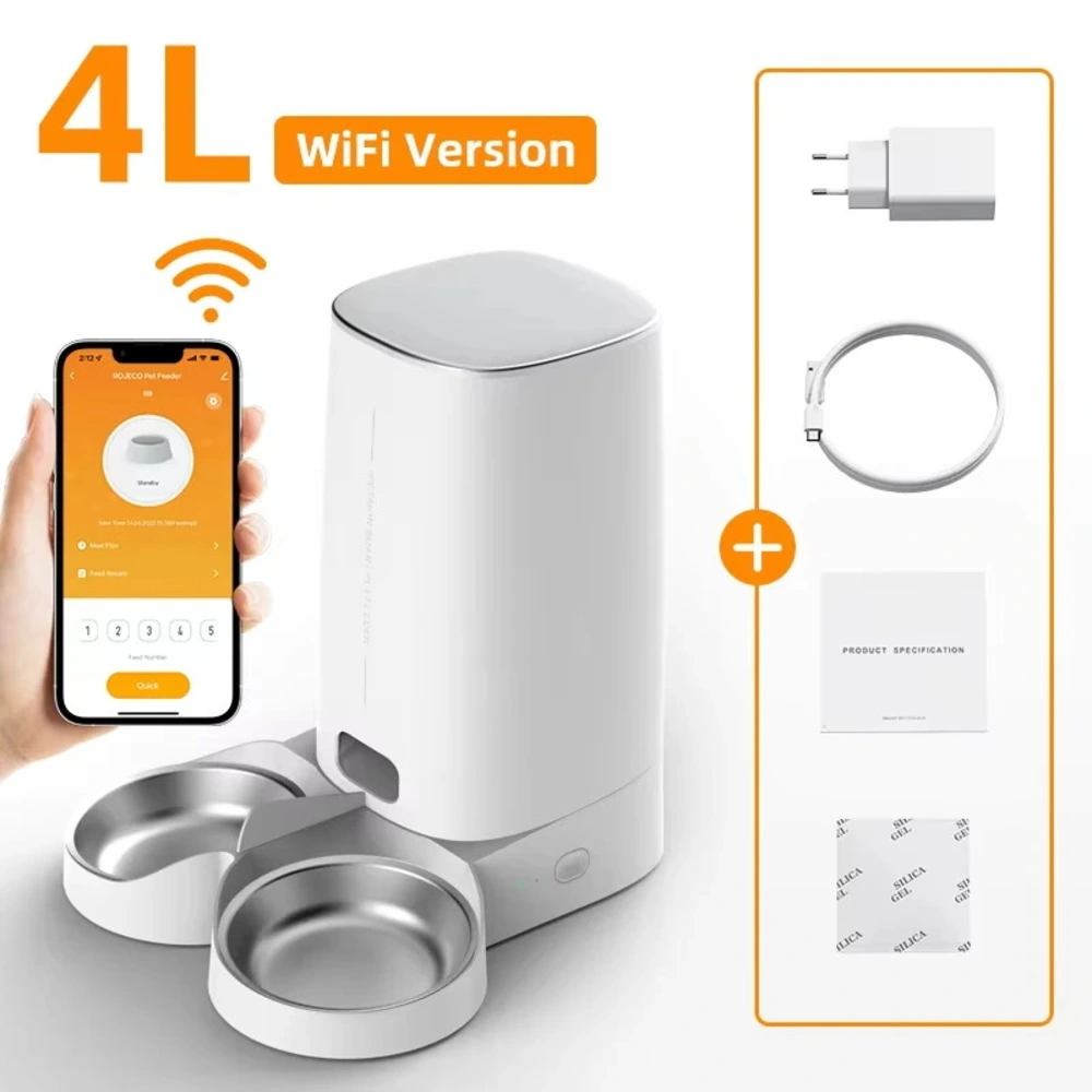 Contenu du coffret WiFi 4 L avec deux gamelles inox, câble, chargeur et silica gel
