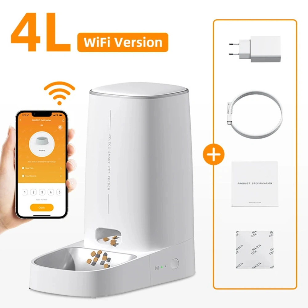 Distributeur croquette automatique ROJECO 4 L WiFi avec gamelle unique inox et kit d'accessoires
