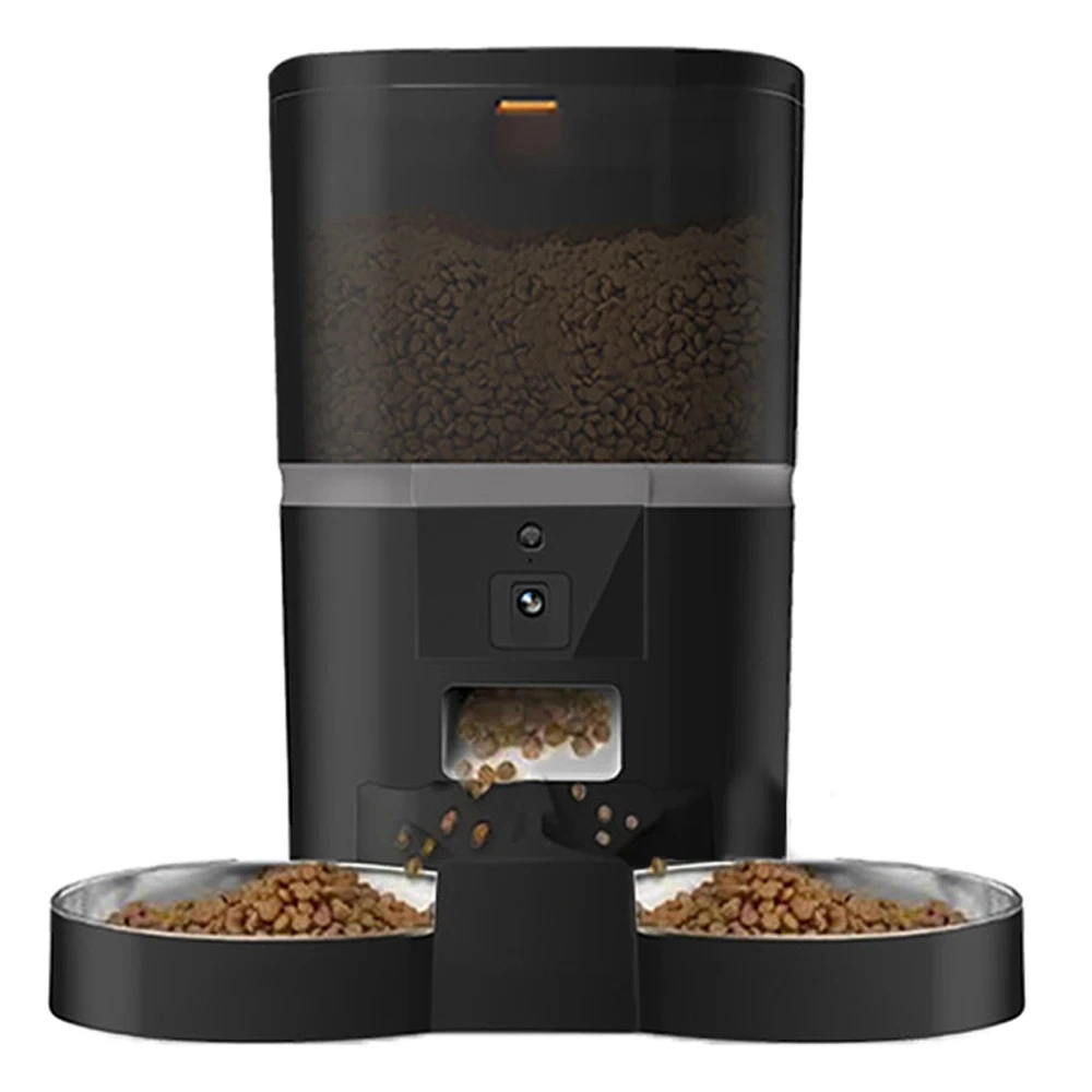 Distributeur automatique croquettes noir double gamelle inox caméra intégrée face avant