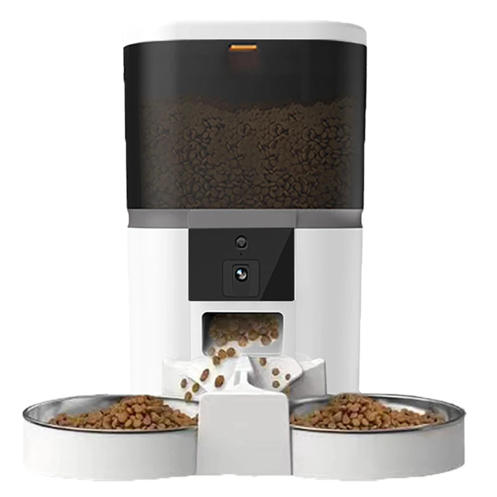 Nourrisseur connecté blanc double gamelle inox caméra Wi-Fi chat fond blanc