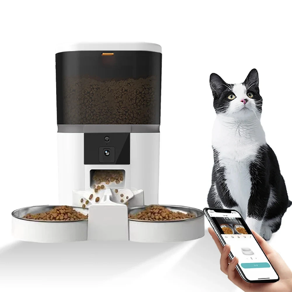 Distributeur croquettes blanc connecté chat assis à côté application smartphone visible