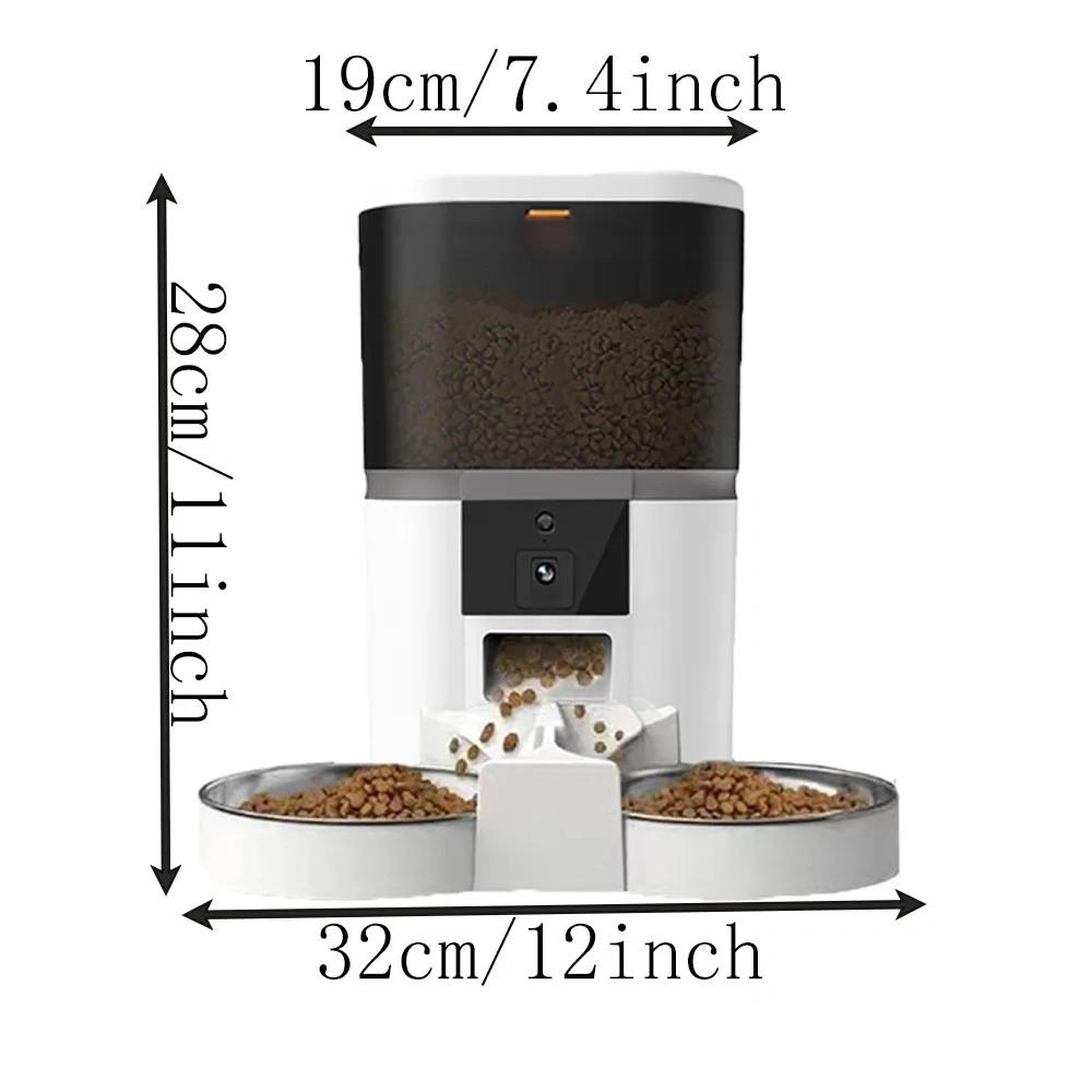 Dimensions distributeur croquettes automatique blanc 32x28x19 cm double gamelle inox