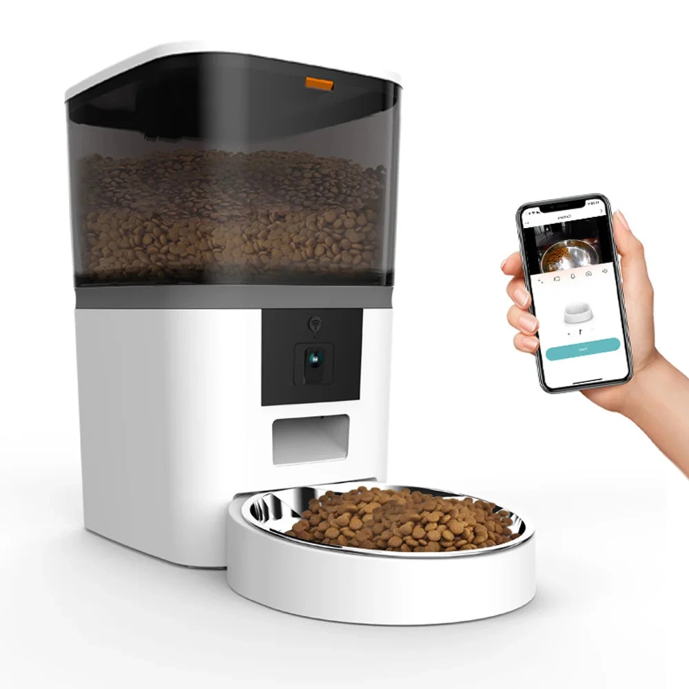 Distributeur croquette connecté blanc avec caméra intégrée et gamelle inox pour chat