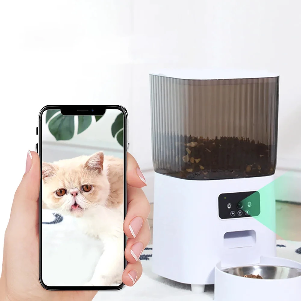 Nourrisseur automatique pour chat avec caméra active et smartphone affichant la vidéo en direct d'un chat