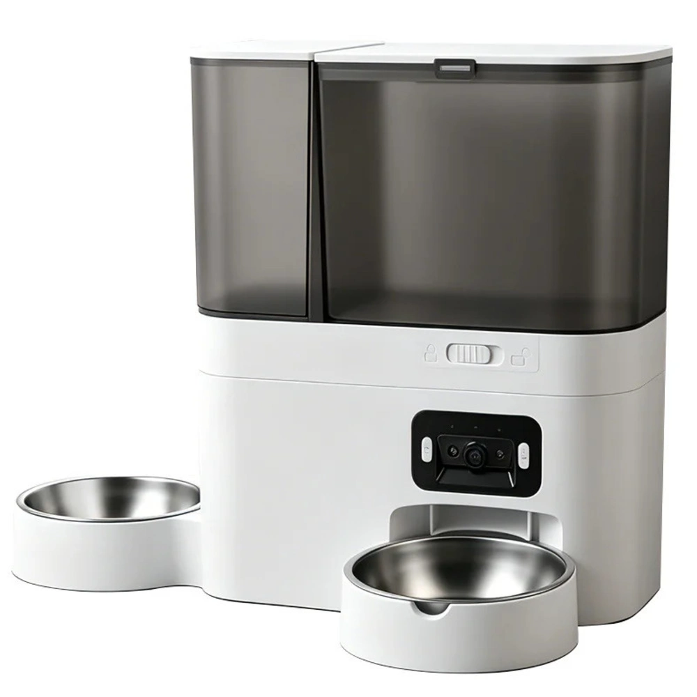 Distributeur croquette eau connecté double bol inox blanc fond blanc vue principale