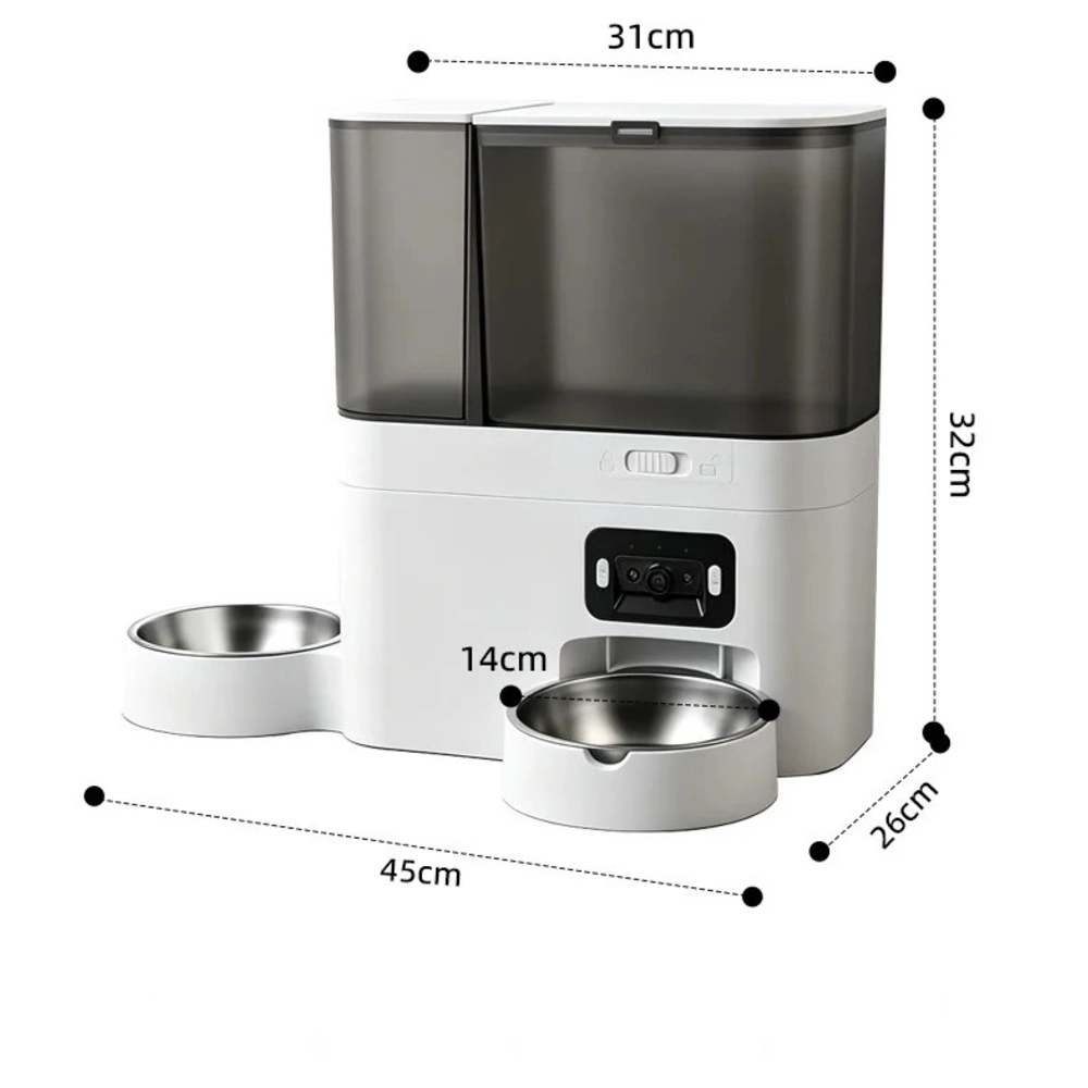 Distributeur automatique chat double bol inox avec dimensions 45x26x32 cm vue latérale