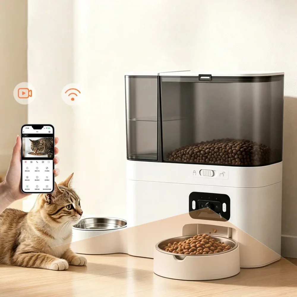 Distributeur nourrisseur automatique chat double gamelle inox avec application Wi-Fi sur smartphone