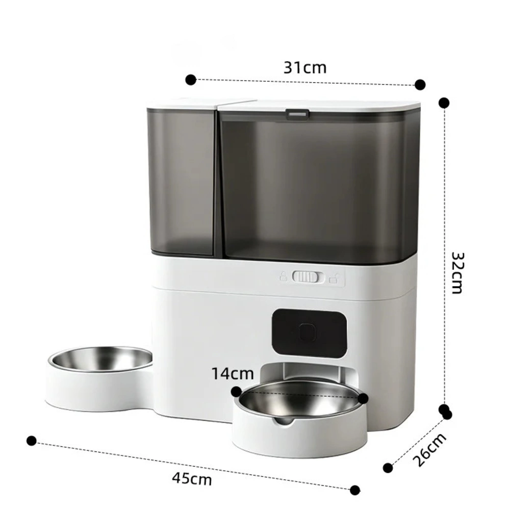Distributeur croquette eau chat double bol inox blanc sans caméra dimensions latérale