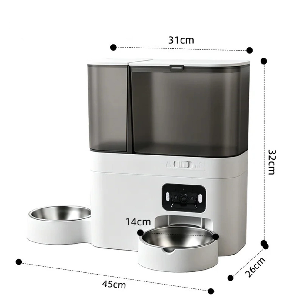 Distributeur automatique chat double bol inox avec caméra intégrée dimensions 45x26x32 cm