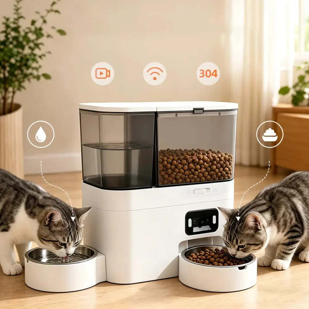 Deux chats mangeant depuis les bols inox d'un distributeur automatique combiné eau et croquettes