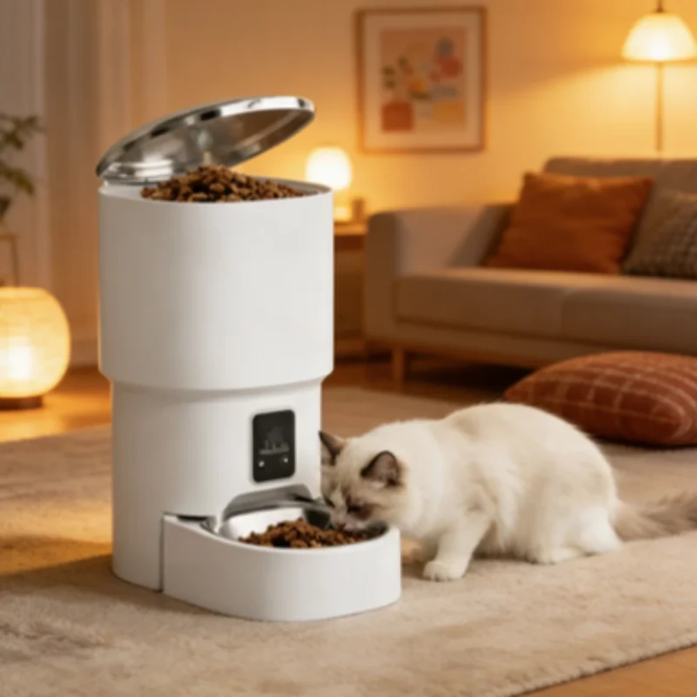 Chat blanc mangeant dans la gamelle d'un distributeur automatique ouvert dans un salon éclairé