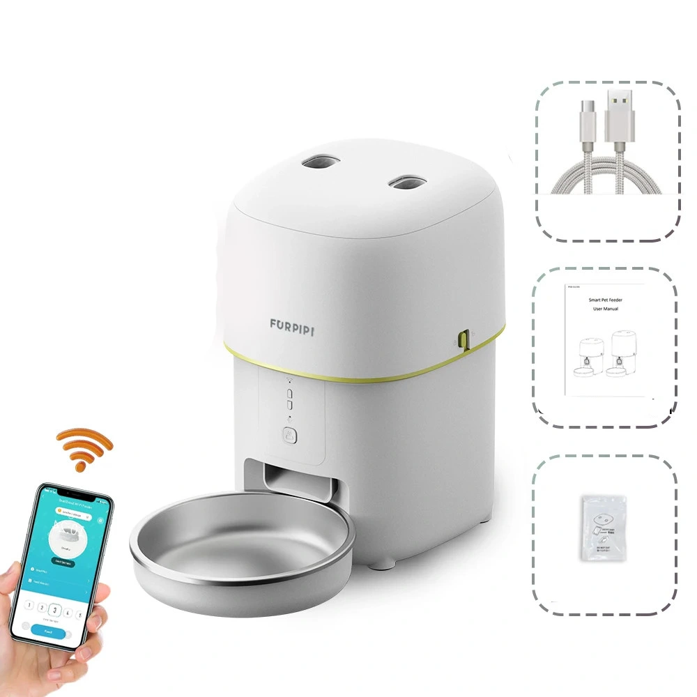 Nourrisseur Furpipi blanc avec gamelle inox, application smartphone et accessoires inclus câble USB et notice
