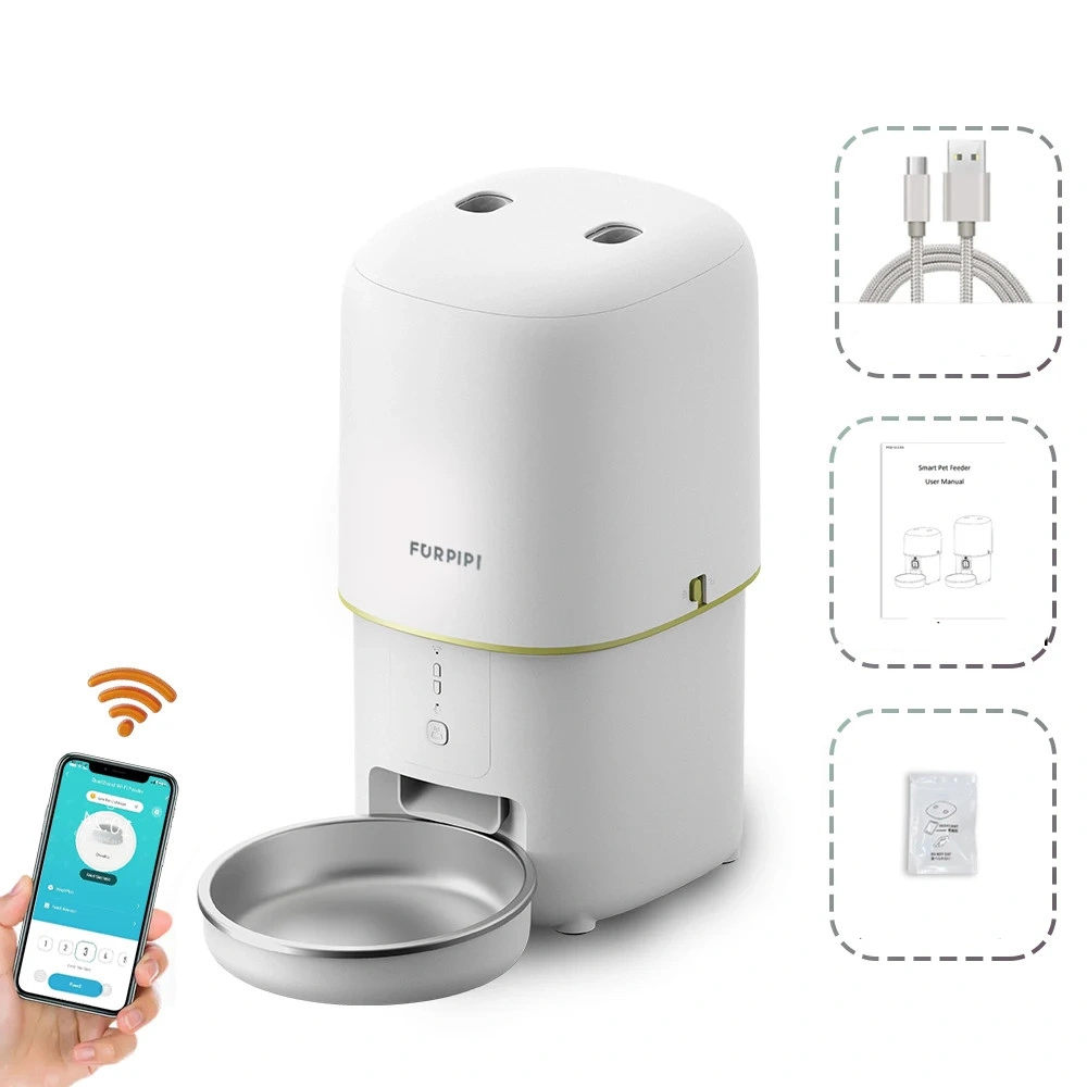 Distributeur croquette Furpipi blanc version tall avec gamelle inox, application smartphone et accessoires fournis