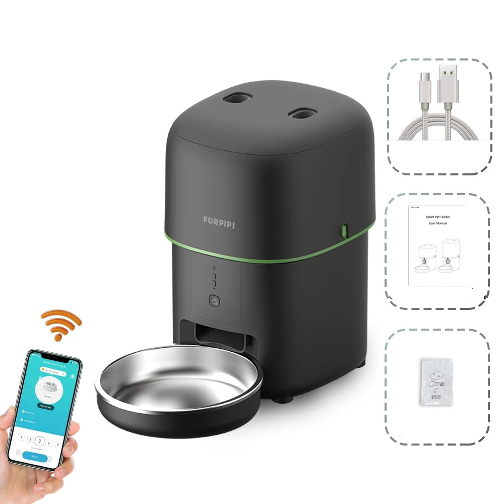Distributeur croquette Furpipi noir compact avec gamelle inox, application smartphone et accessoires inclus