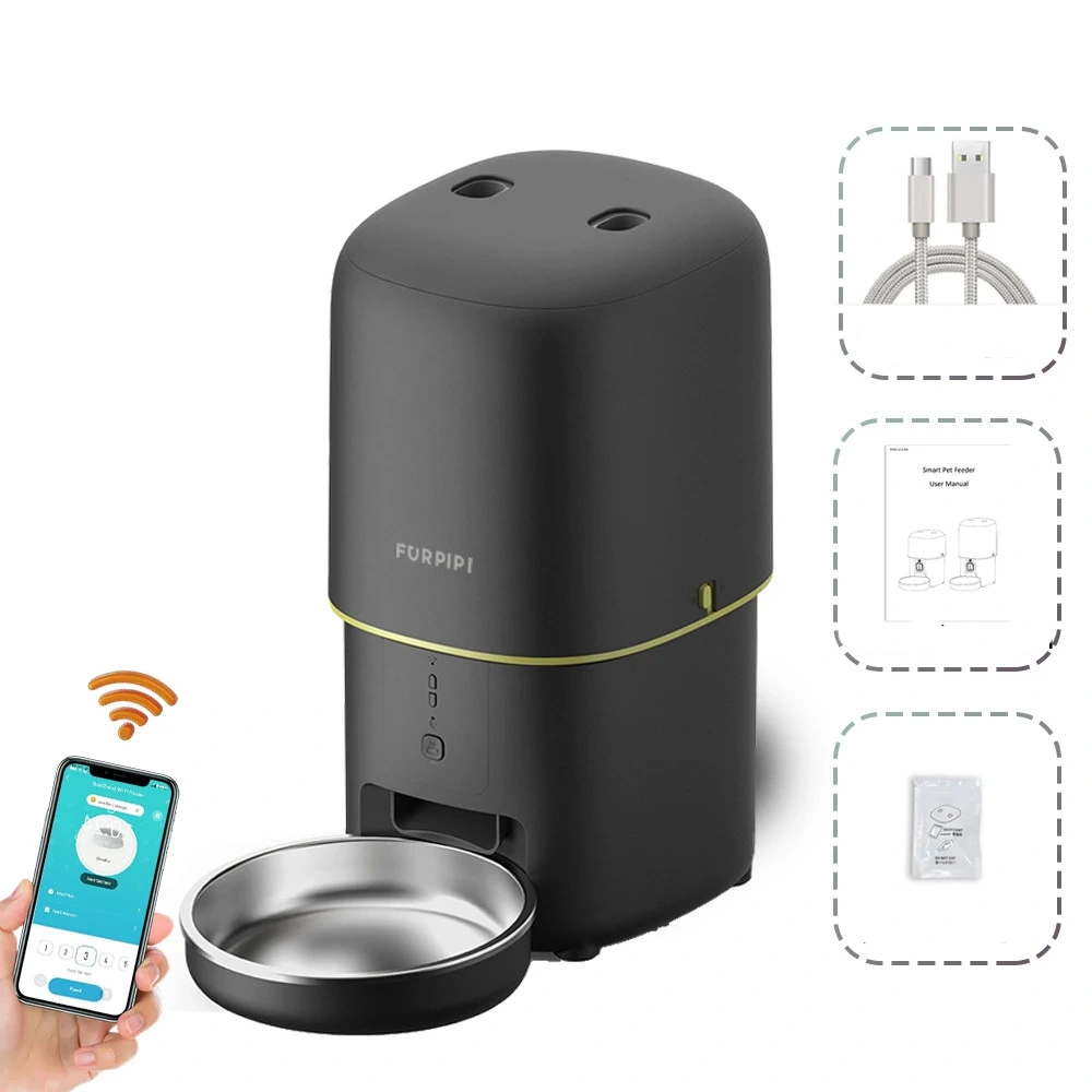Distributeur croquette Furpipi noir grande capacité avec gamelle inox, application smartphone et accessoires fournis