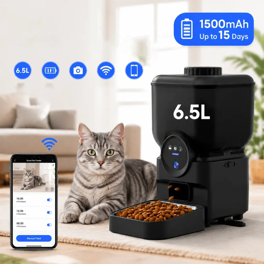Distributeur connecté noir avec application mobile affichant horaires repas et chat gris assis