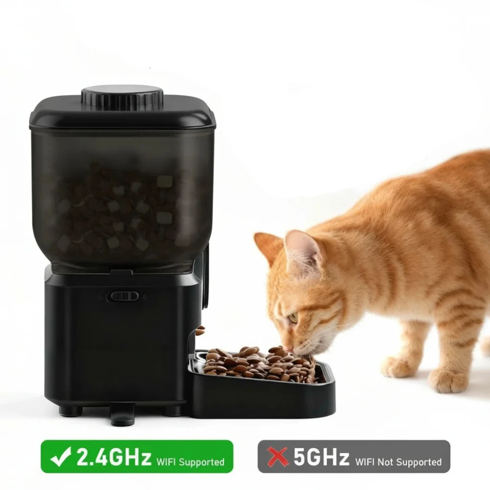 Chat roux mangeant des croquettes dans gamelle distributeur automatique noir connecté Wi-Fi