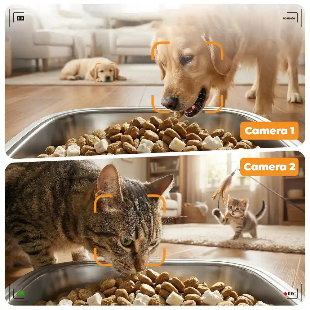 Vue caméra double d'un chien et d'un chat mangeant dans des gamelles inox automatiques