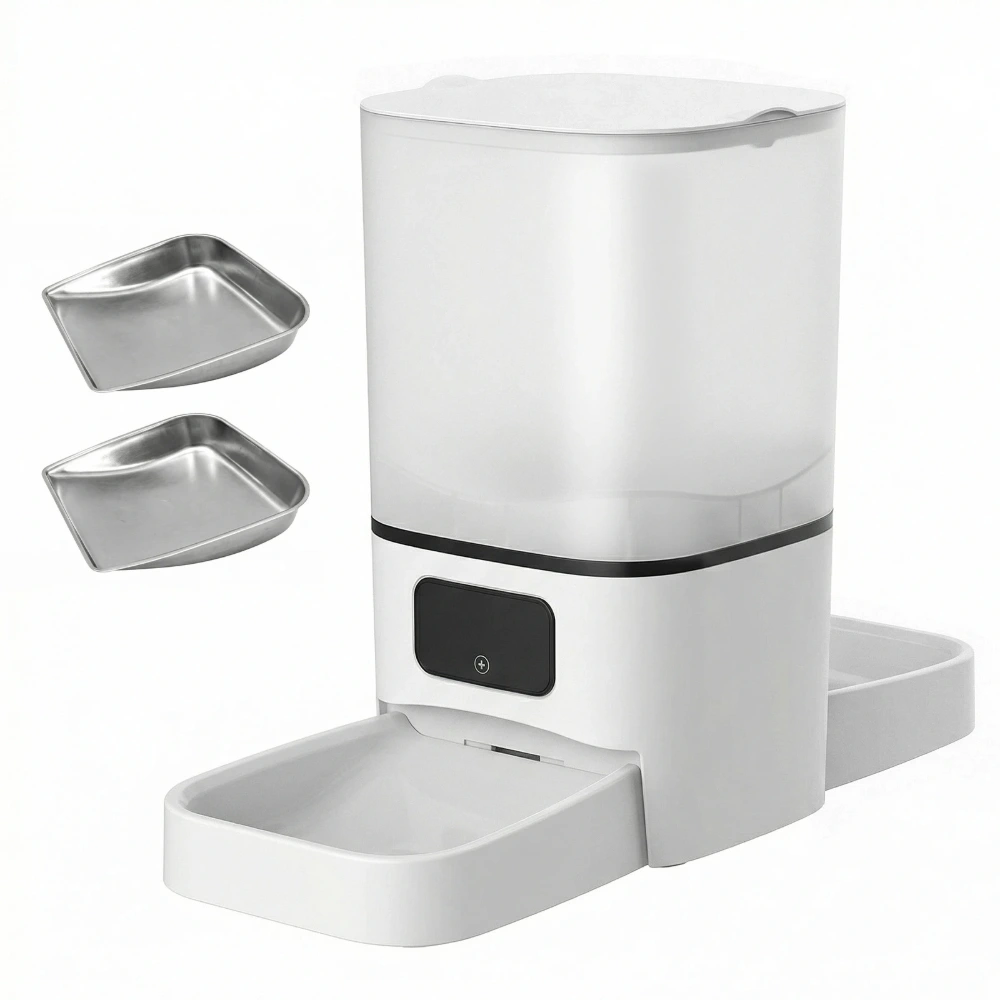 Distributeur croquette blanc connecté avec deux gamelles inox amovibles détachées
