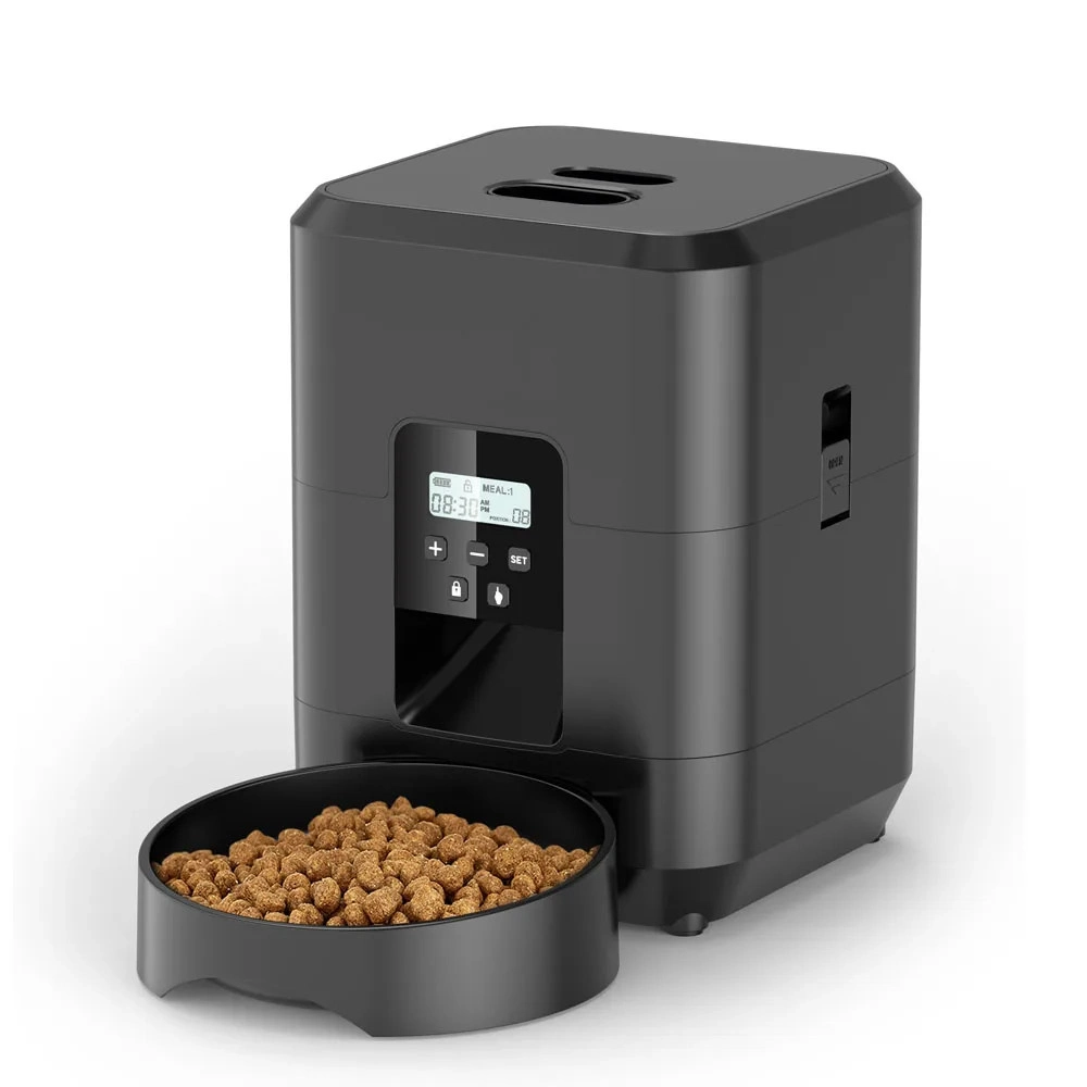 Distributeur croquette automatique noir pour chat avec écran LCD et gamelle amovible remplie de croquettes