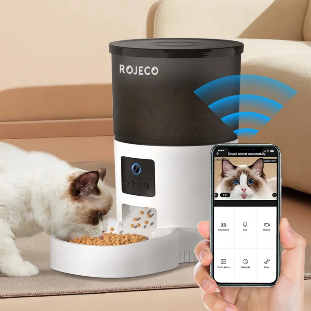 Chat ragdoll mangeant des croquettes dans le distributeur automatique Rojeco connecté avec caméra
