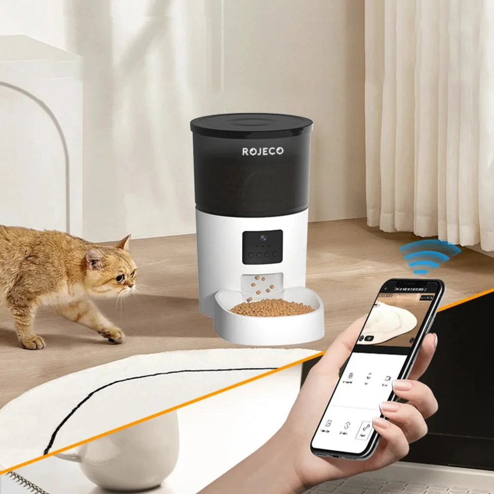 Chat roux observant le distributeur connecté Rojeco piloté via application smartphone