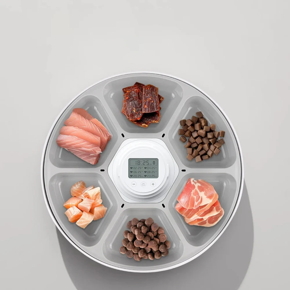 Vue du dessus du nourrisseur automatique avec six compartiments remplis de différents aliments pour chat