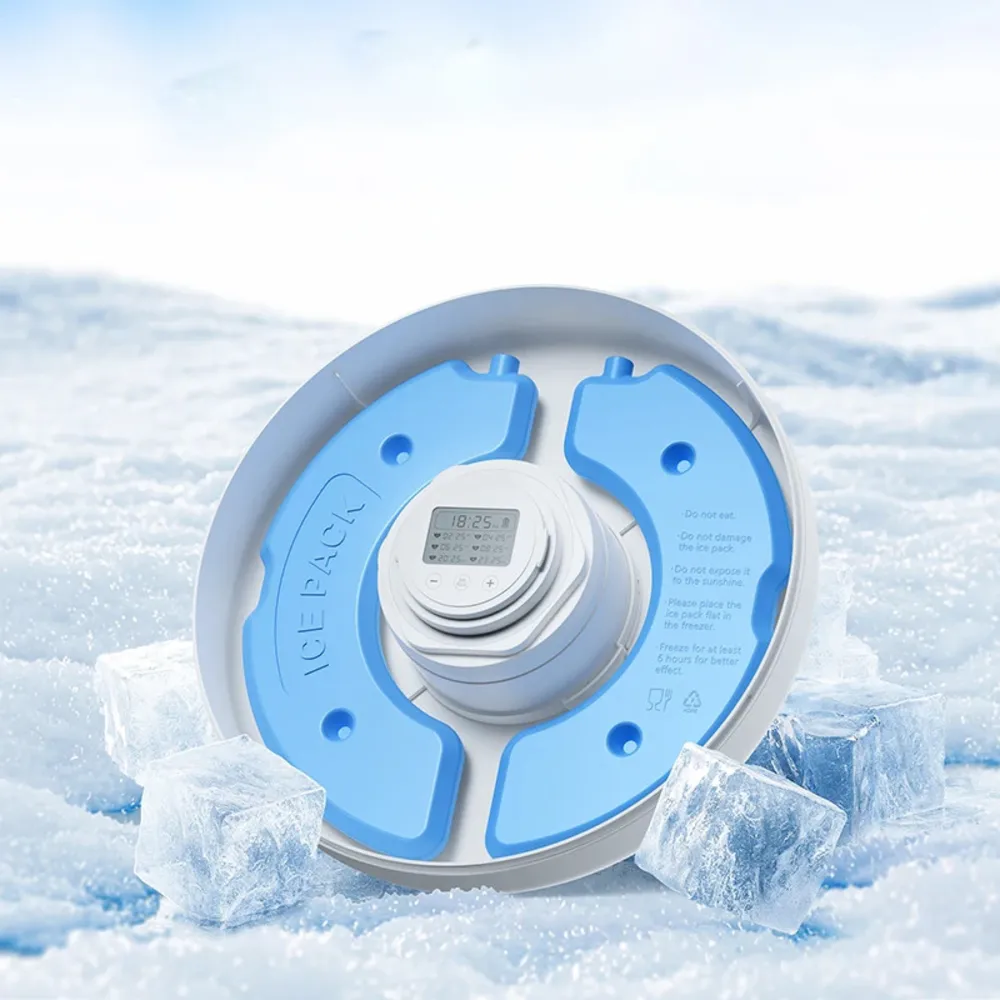 Dessous du distributeur de repas chat avec pains de glace bleus amovibles pour la réfrigération