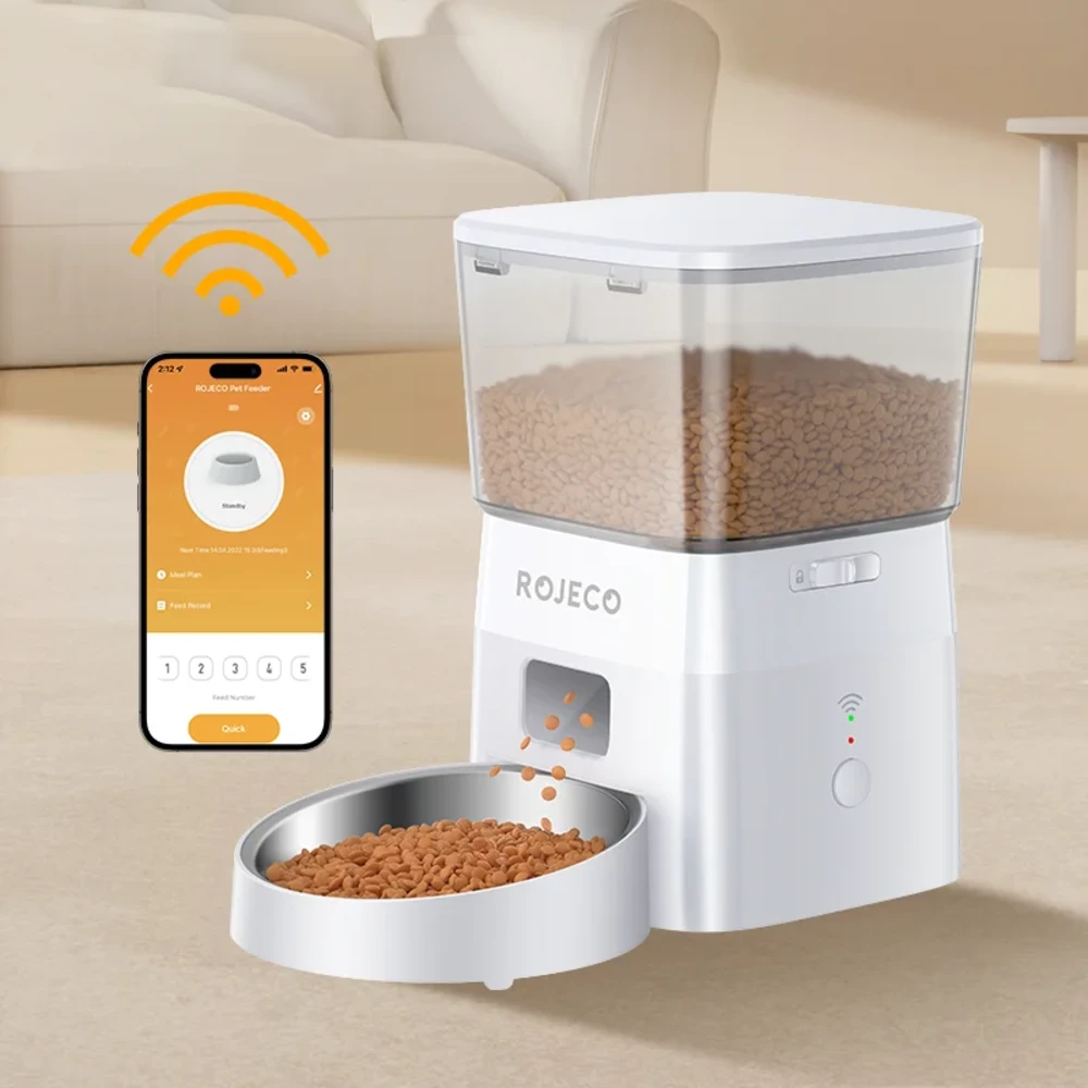 Distributeur croquette connecté Rojeco blanc avec application mobile et bol inox rempli