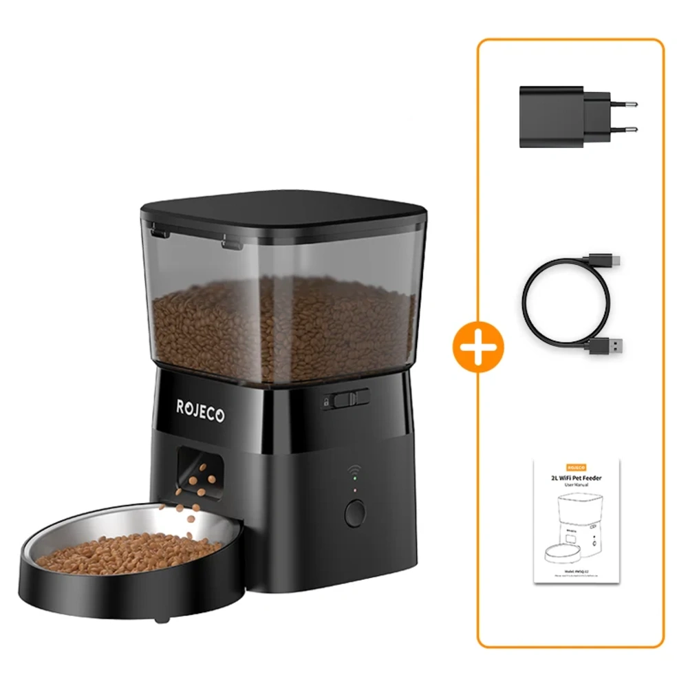 Pack distributeur croquette Rojeco noir avec câble USB adaptateur secteur et notice
