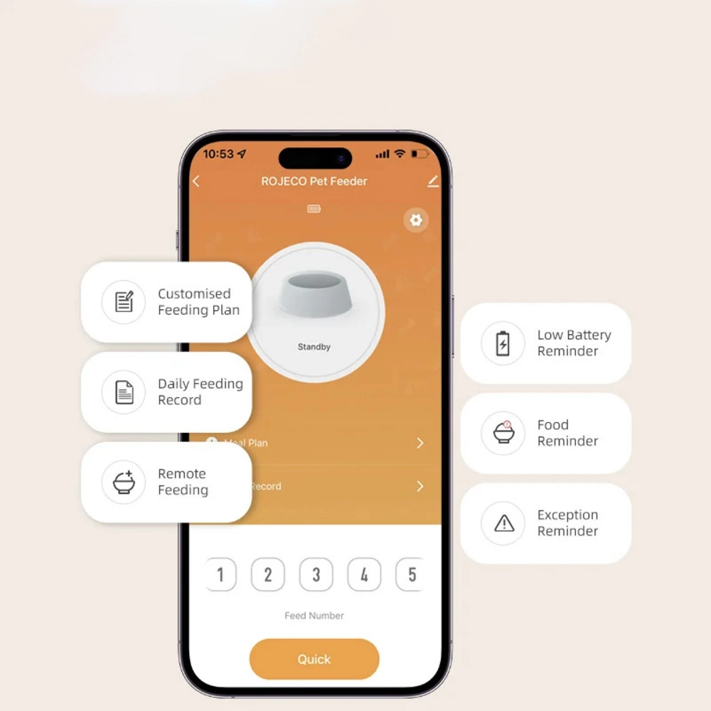 Application ROJECO Pet Feeder sur smartphone affichant plan repas personnalisé et historique de distribution
