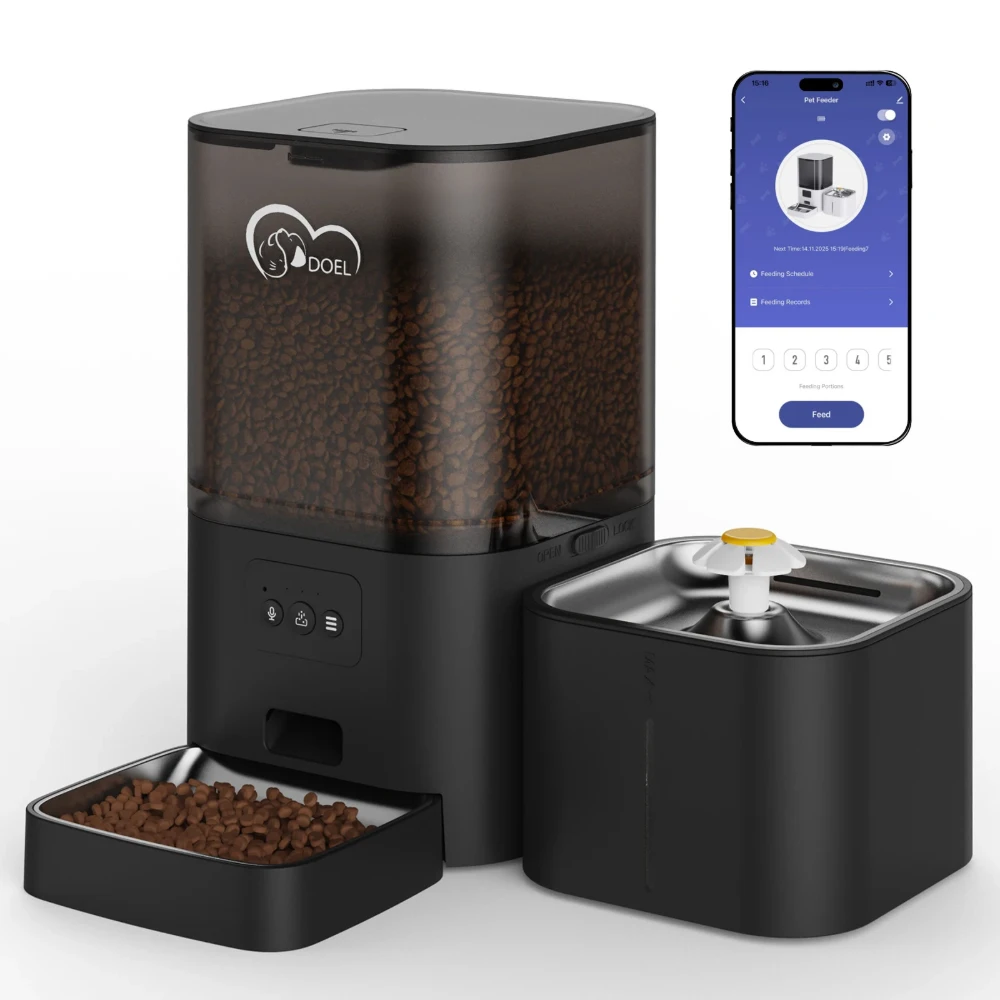 Distributeur croquette noir connecté avec fontaine à eau inox et application smartphone affichée