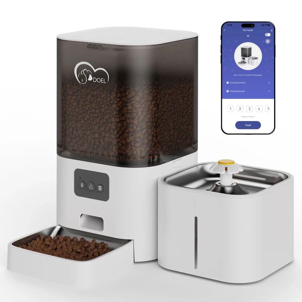 Distributeur croquette blanc connecté avec fontaine à eau inox et application de programmation repas