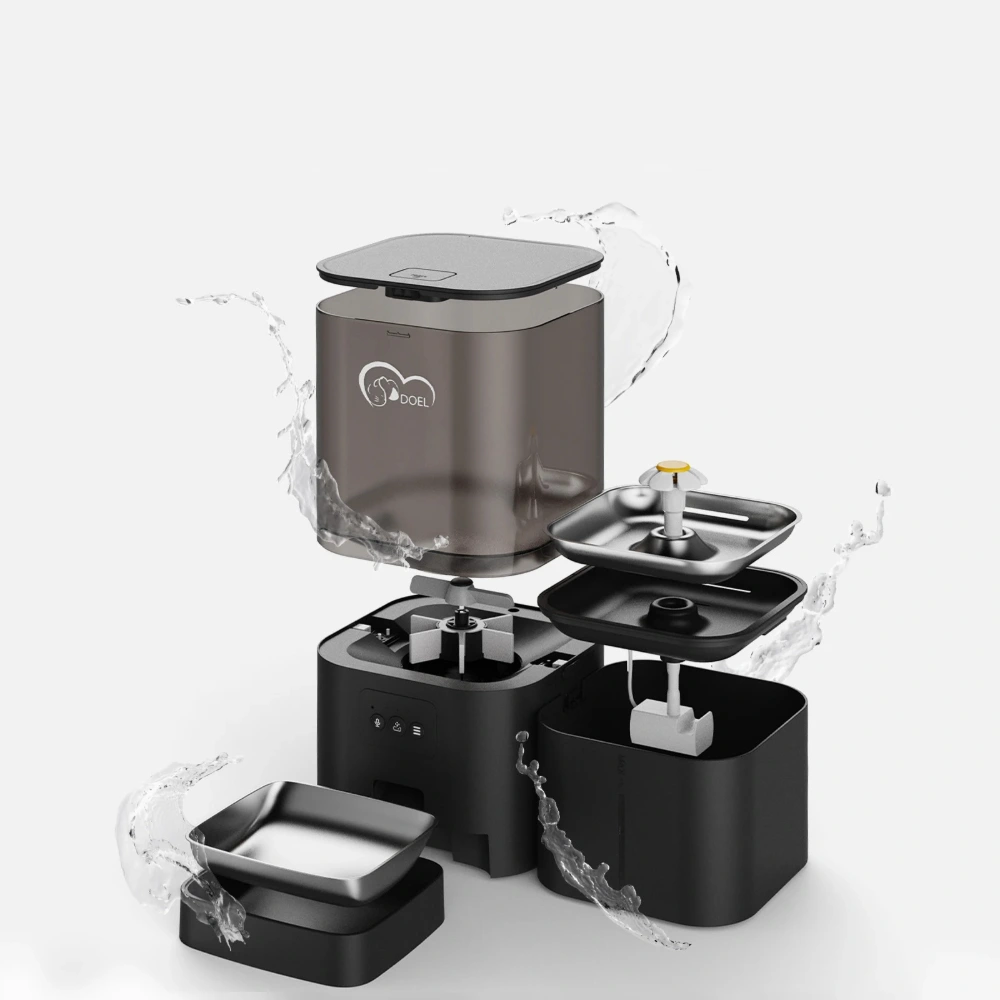 Vue éclatée du distributeur croquette et fontaine à eau inox avec toutes les pièces démontées