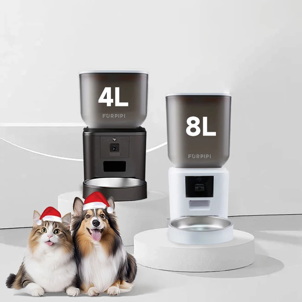 Distributeur croquette automatique Furpipi 4L noir et 8L blanc pour chat et chien avec sapin de Noël