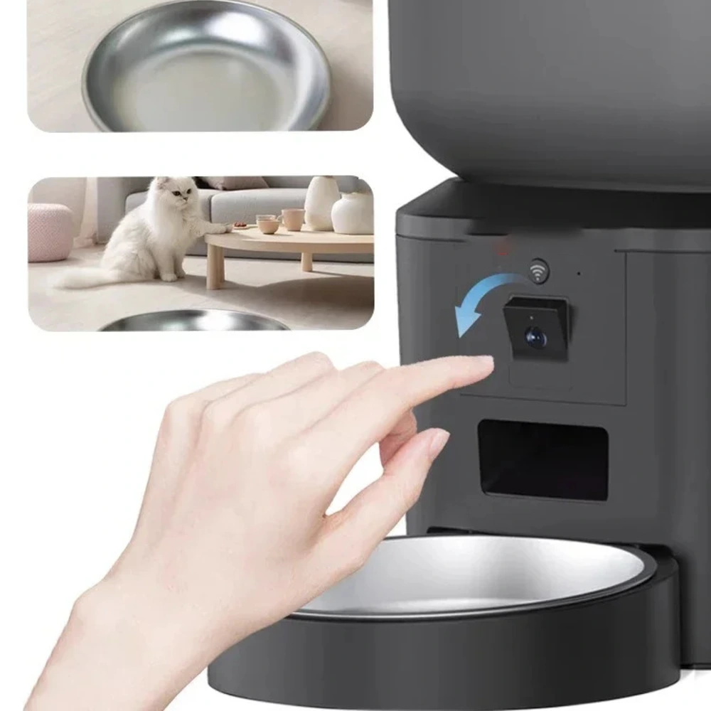 Zoom sur la caméra orientable du nourrisseur automatique Furpipi avec bol inox amovible