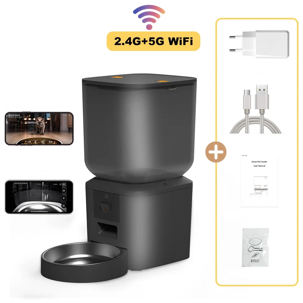 Nourrisseur connecté Furpipi 8L noir avec bol inox ouvert, accessoires inclus et aperçu application mobile