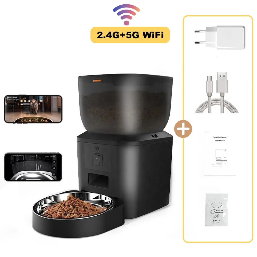 Nourrisseur automatique chien 8L noir rempli de croquettes avec bol inox et vues application smartphone
