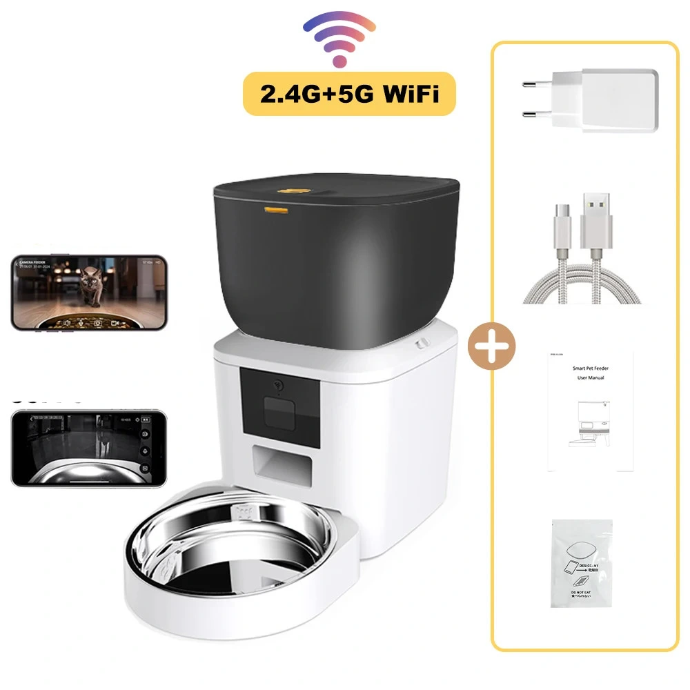 Distributeur croquette Furpipi 8L bicolore blanc et gris avec bol inox et pack accessoires complet