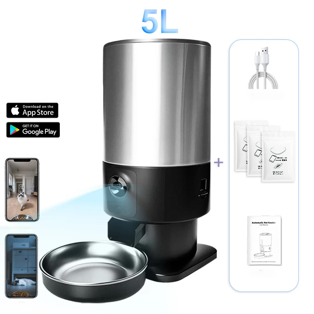 Distributeur croquette automatique inox 5L avec caméra intégrée et bol amovible pour chat