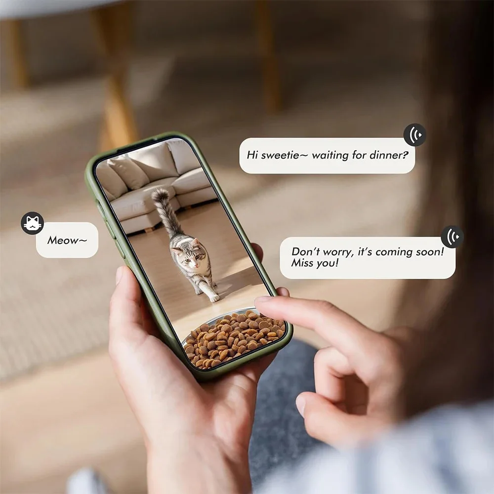 Application mobile affichant un chat en direct via la caméra du distributeur croquette connecté