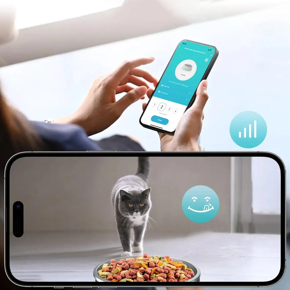 Contrôle de la distribution de croquettes pour chat via application smartphone connectée Wi-Fi