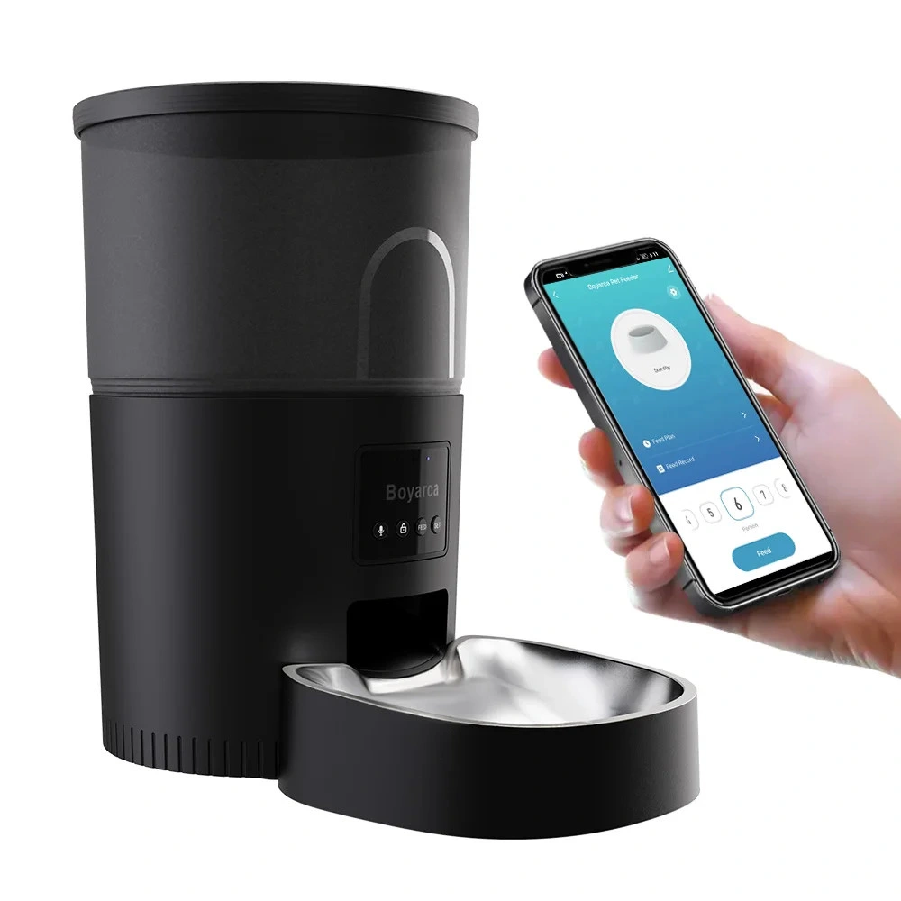 Distributeur automatique croquettes chat noir connecté avec application smartphone et bol inox
