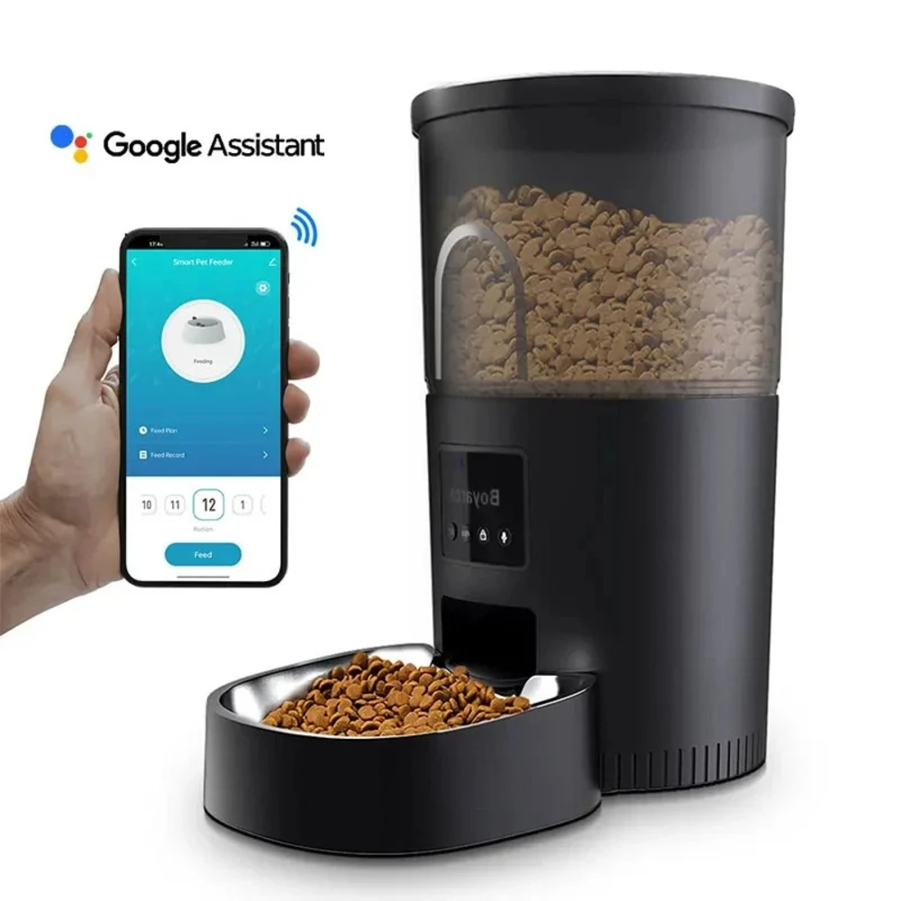 Nourrisseur chat connecté Wi-Fi compatible Google Assistant avec réservoir transparent rempli de croquettes
