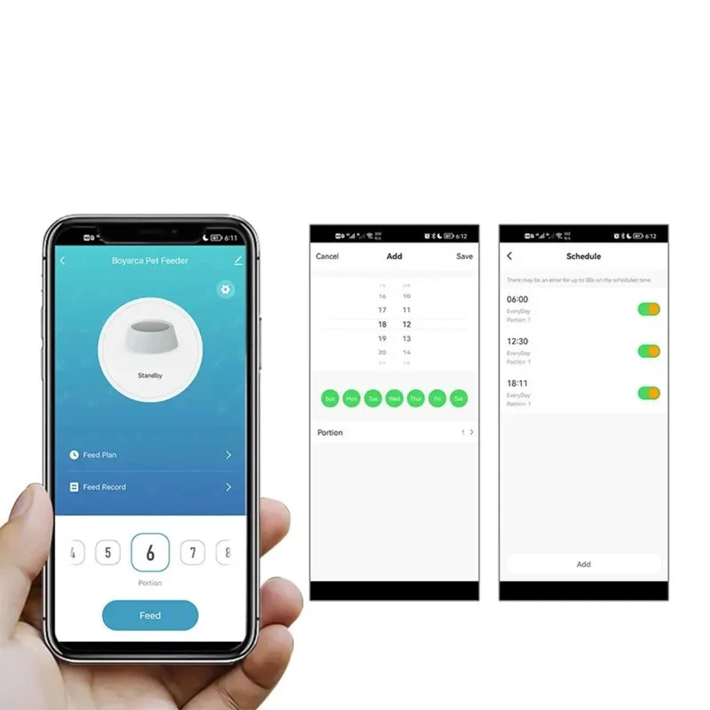 Application smartphone Boyarca Pet Feeder avec planification horaires repas chat sur plusieurs écrans