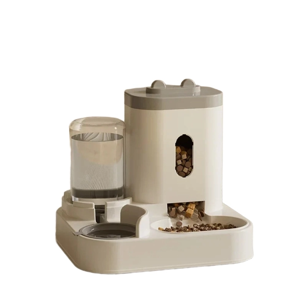 Distributeur croquettes et eau pour chat coloris gris sur fond blanc, vue trois quarts