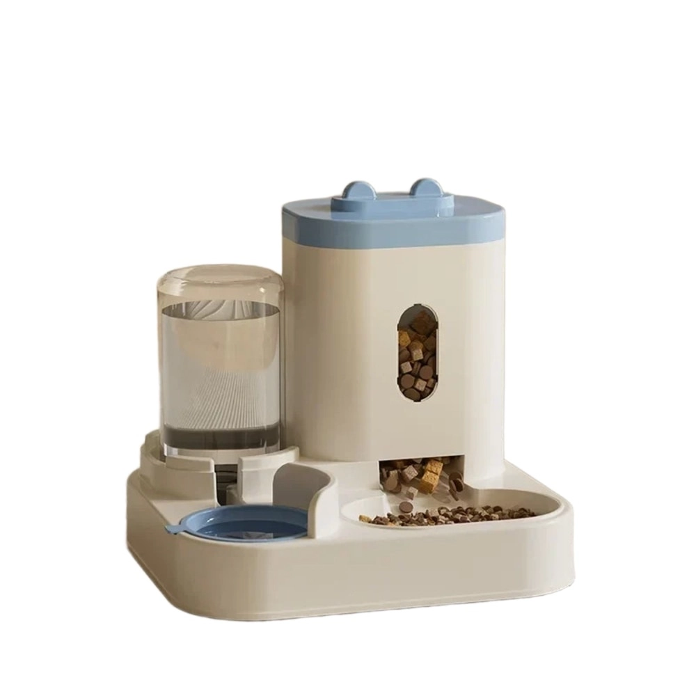 Même distributeur combiné pour chat en coloris bleu, vue trois quarts fond blanc