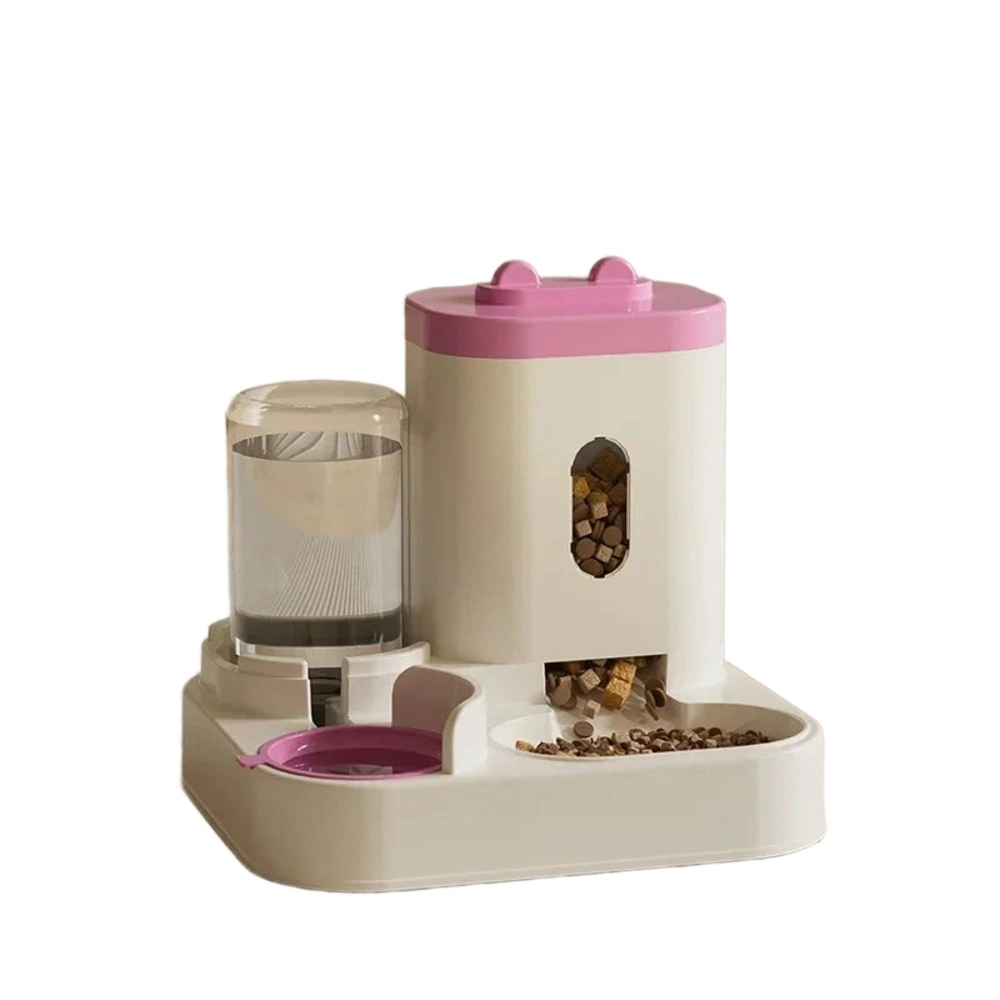 Distributeur eau et croquettes chat en coloris rose, présentation fond blanc